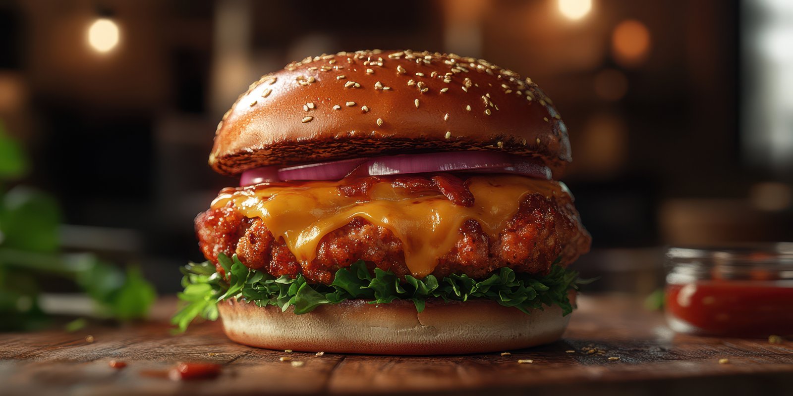 Delicious spicy chicken burger with melted cheese and fresh toppings served on rustic wooden table
